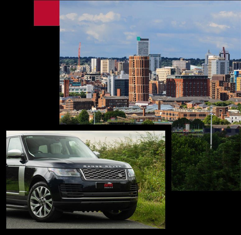 Range Rover driving through the country side and a city landscape, representing AMT Insurance Solutions' comprehensive vehicle insurance coverage and commitment to future protection.