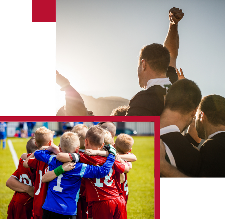 Sports & Social Club Insurance by AMT Insurance Solutions, showing a team huddle and celebration, representing specialist coverage for sports and social clubs.