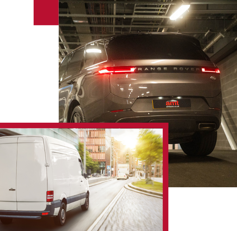 Company Car & Van Insurance by AMT Insurance Solutions, featuring a Range Rover and a van driving in a city, ensuring comprehensive business vehicle coverage.