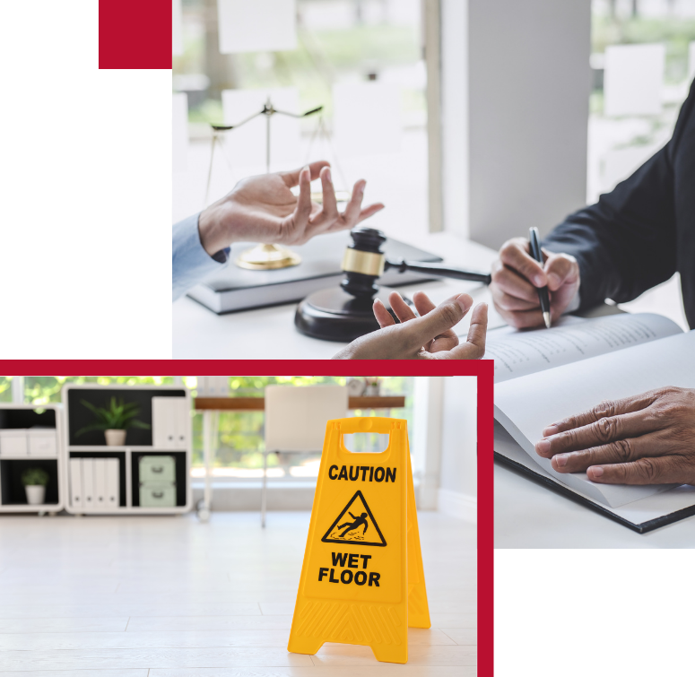 Public & Employers' Liability Insurance by AMT Insurance Solutions, showing a clean floor with a hazard sign and someone taking minutes in a lawyer's office, highlighting workplace safety and legal protection.