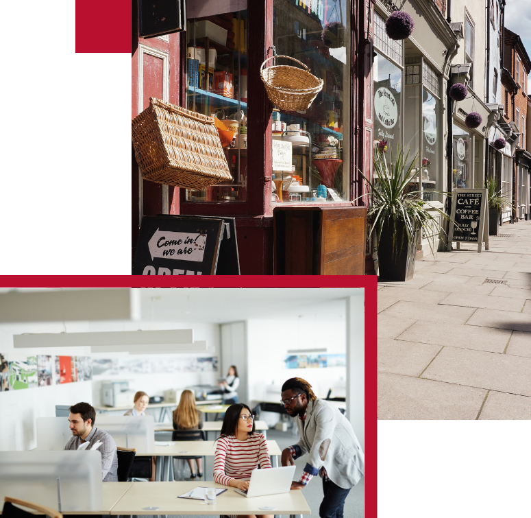 Shops & Offices Insurance by AMT Insurance Solutions, featuring a shopfront and an office space, illustrating tailored insurance for retail and business premises.