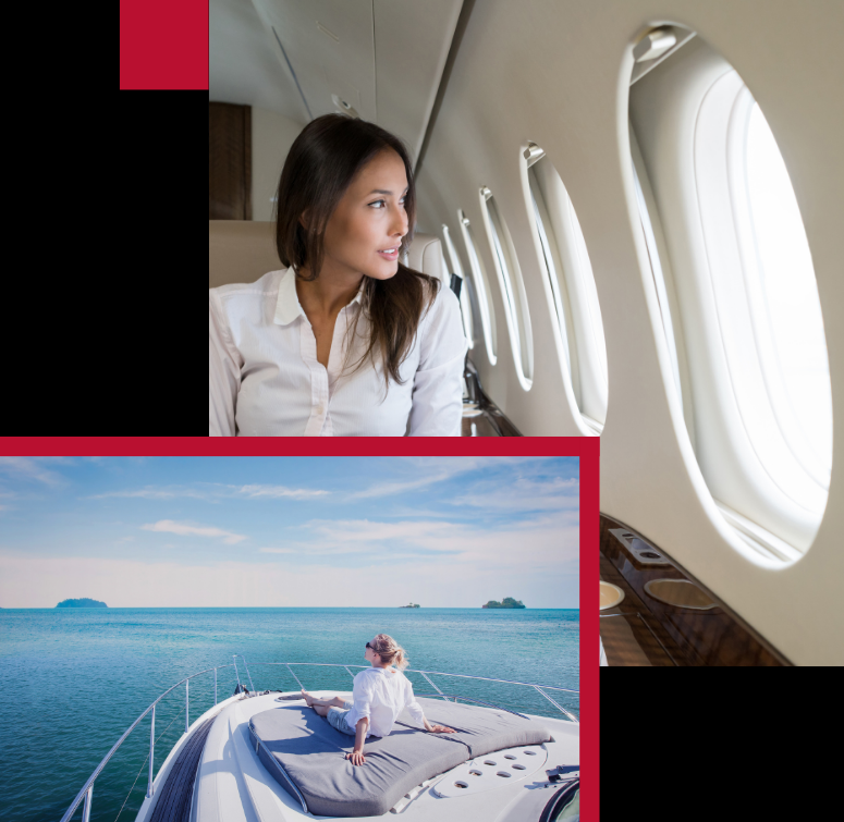 High-Profile Clients Insurance by AMT Insurance Solutions, depicting a businesswoman in an aeroplane and another relaxing on a Yacht, tailored for affluent individuals.