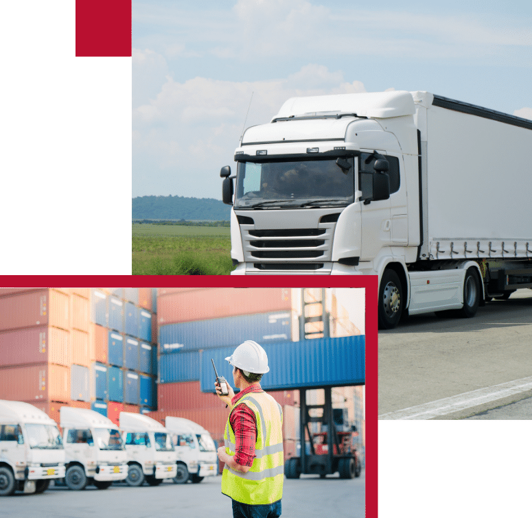 Transportation & Logistics Insurance by AMT Insurance Solutions, depicting logistics vehicles and a operations manager, highlighting specialised coverage for hauliers, couriers, and transport operations.