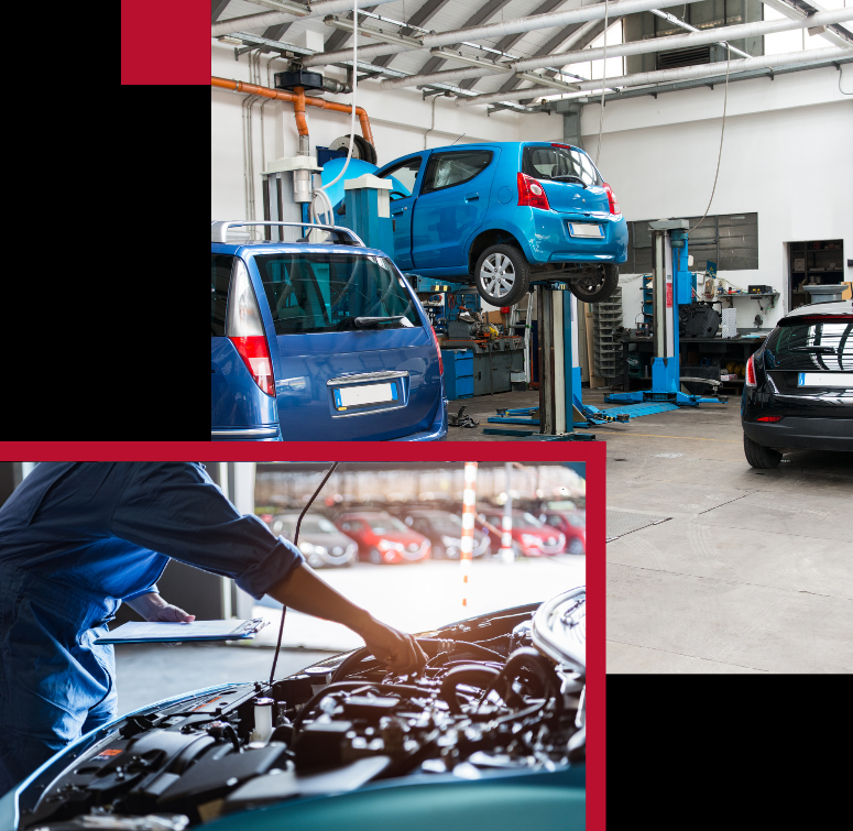 Motor Trade Insurance by AMT Insurance Solutions, showing a mechanic working on a vehicle and a garage, representing comprehensive coverage for auto businesses.