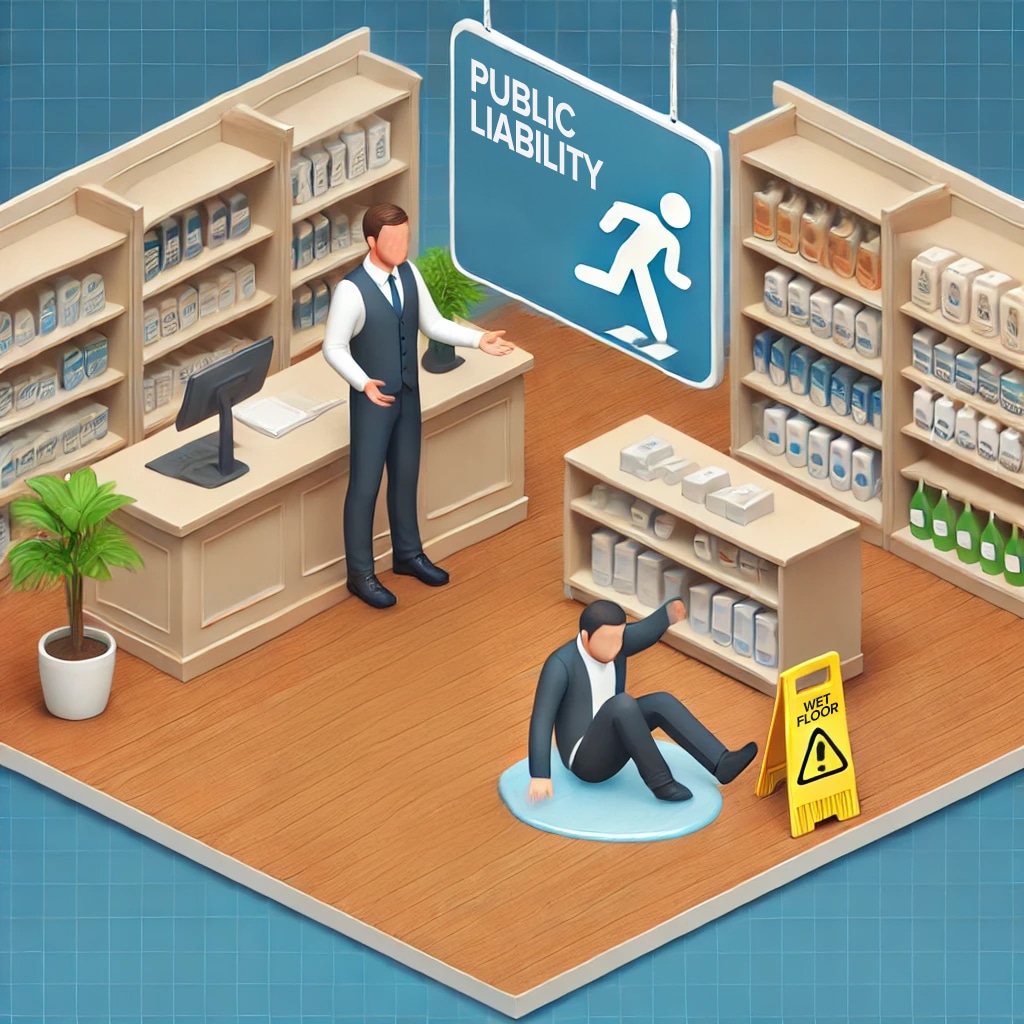 A retail store scene showing a customer slipping on a wet floor near a caution sign, highlighting public liability risks.