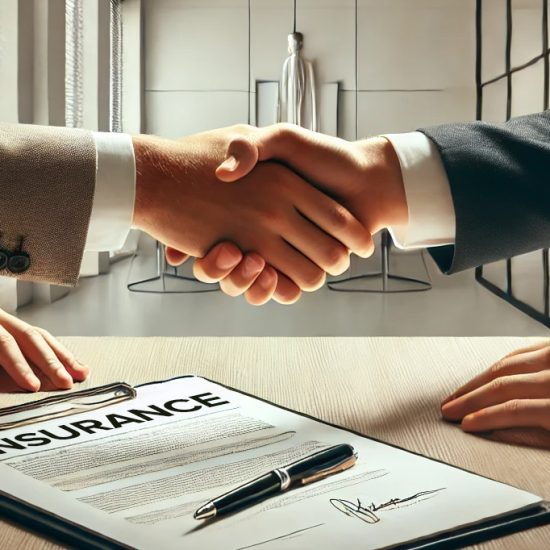 Two individuals in a formal setting shaking hands over an insurance contract, representing agreement on liability coverage.