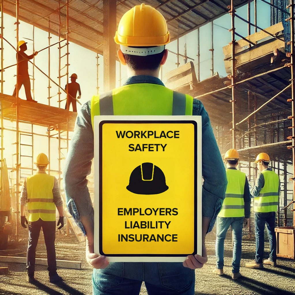 A construction worker holding a sign that reads 'Workplace Safety - Employers Liability Insurance' with other workers and scaffolding in the background.